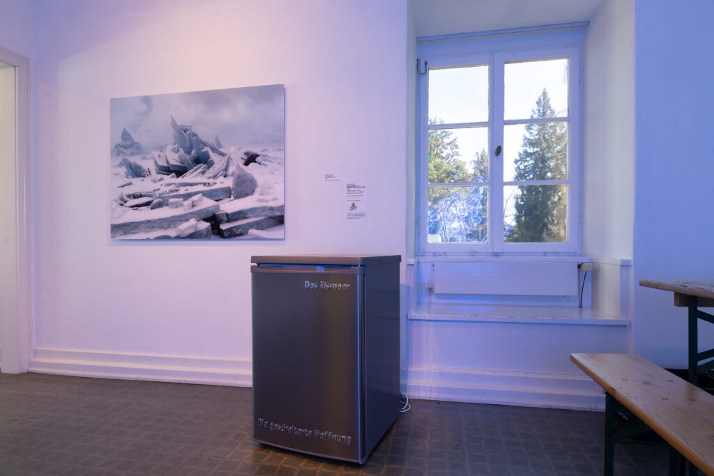 Installation view with Sea of Ice print, Museum Villa Rot, 2019