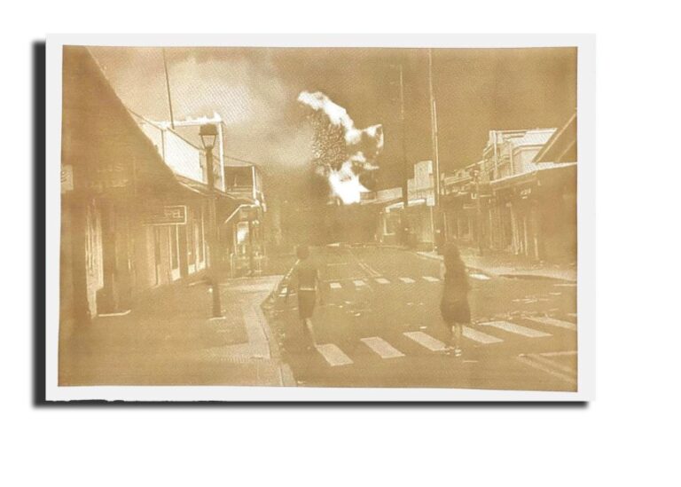 Disasters of Climate Change XXIII — It Comes Closer, 2021. Laser-burned print