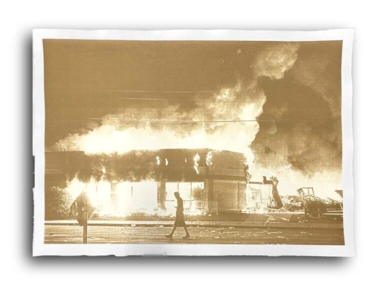 Disasters of Climate Change XXII — Smoke Over The Town, 2021. Laser-burned print