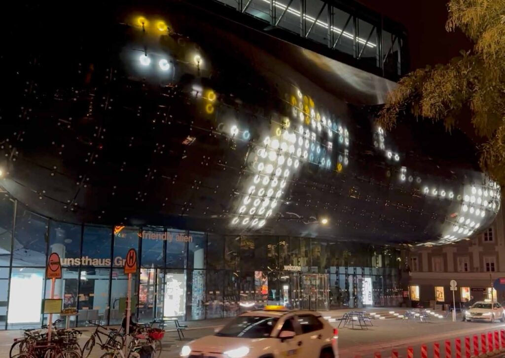 Pump it Up!, Kunsthaus Graz, 2024. BIX facade at night