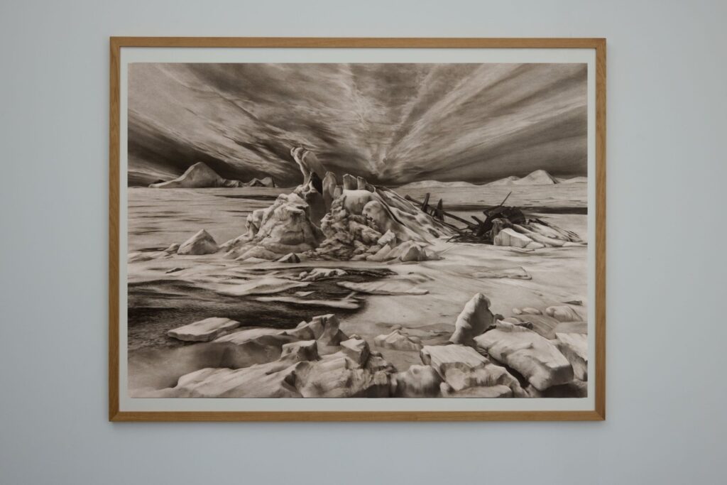 After the Sea of Ice — 1960, 2026. Charcoal on paper (framed)