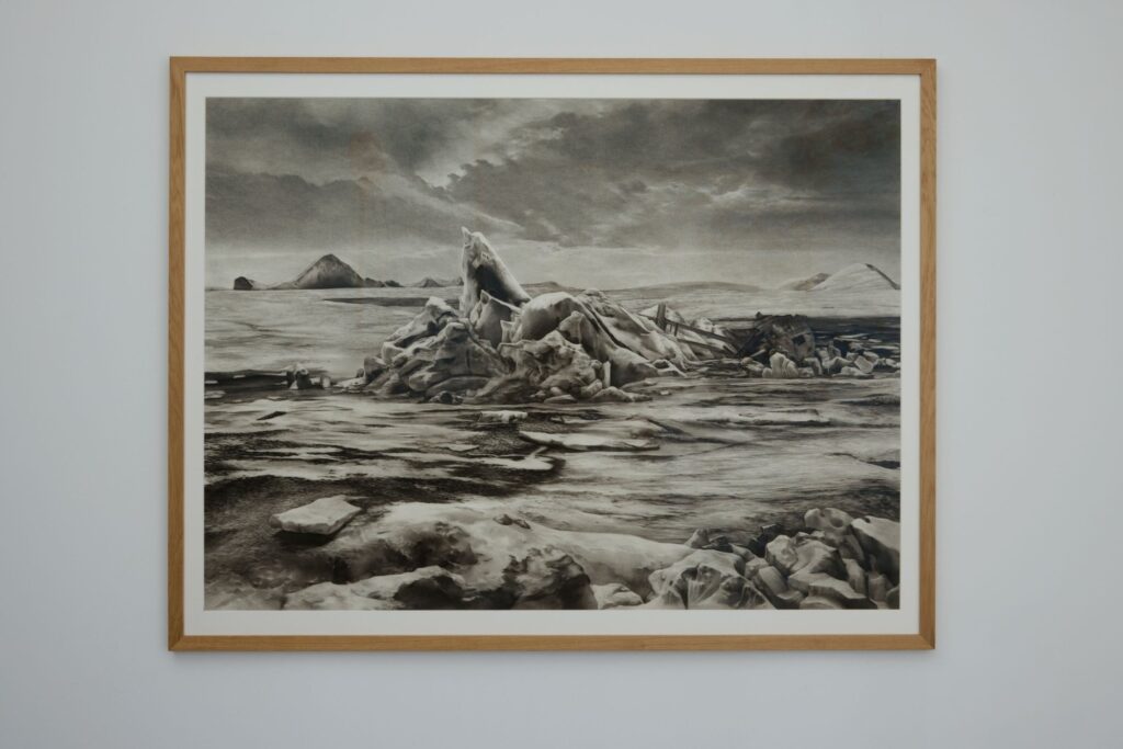 After the Sea of Ice — 1970, 2026. Charcoal on paper (framed)