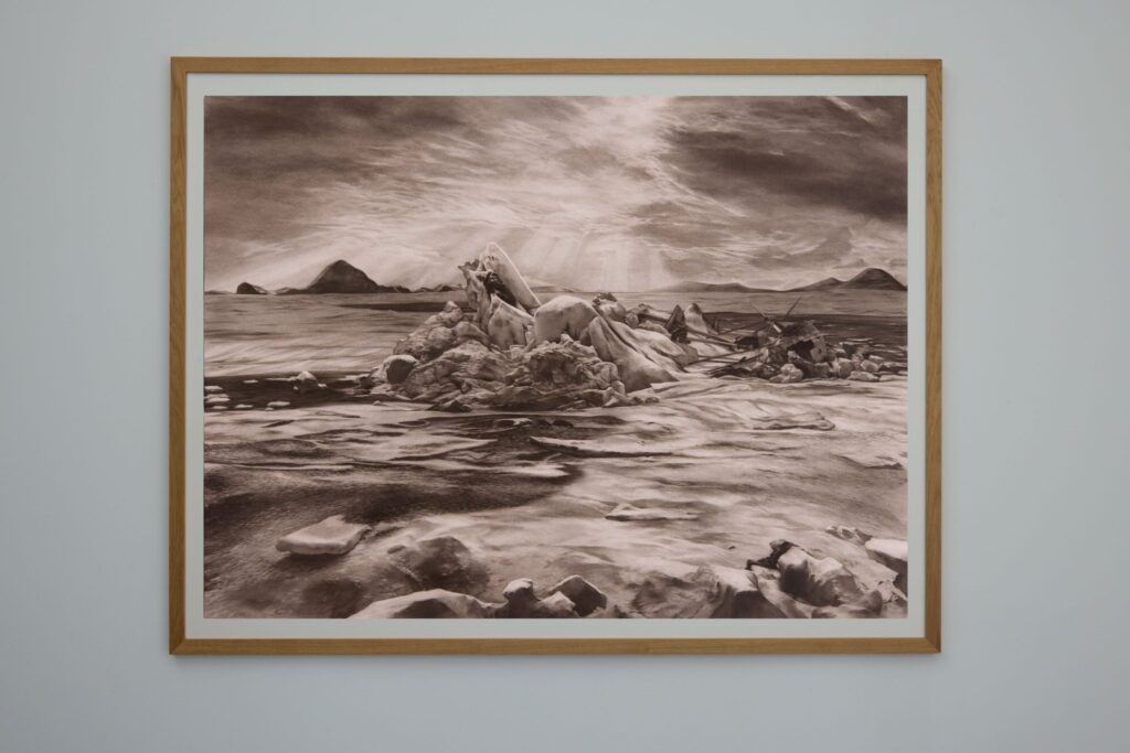 After the Sea of Ice — 1980, 2026. Charcoal on paper (framed)