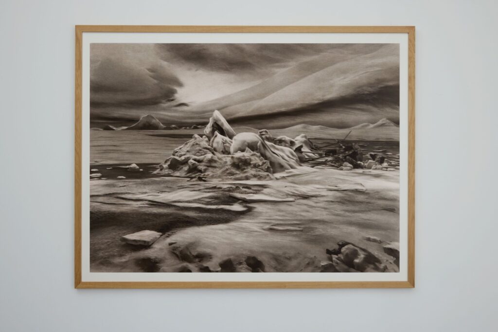 After the Sea of Ice — 1990, 2026. Charcoal on paper (framed)
