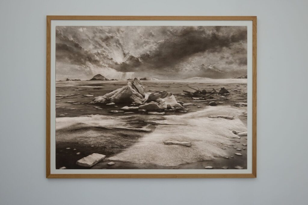 After the Sea of Ice — 2000, 2026. Charcoal on paper (framed)