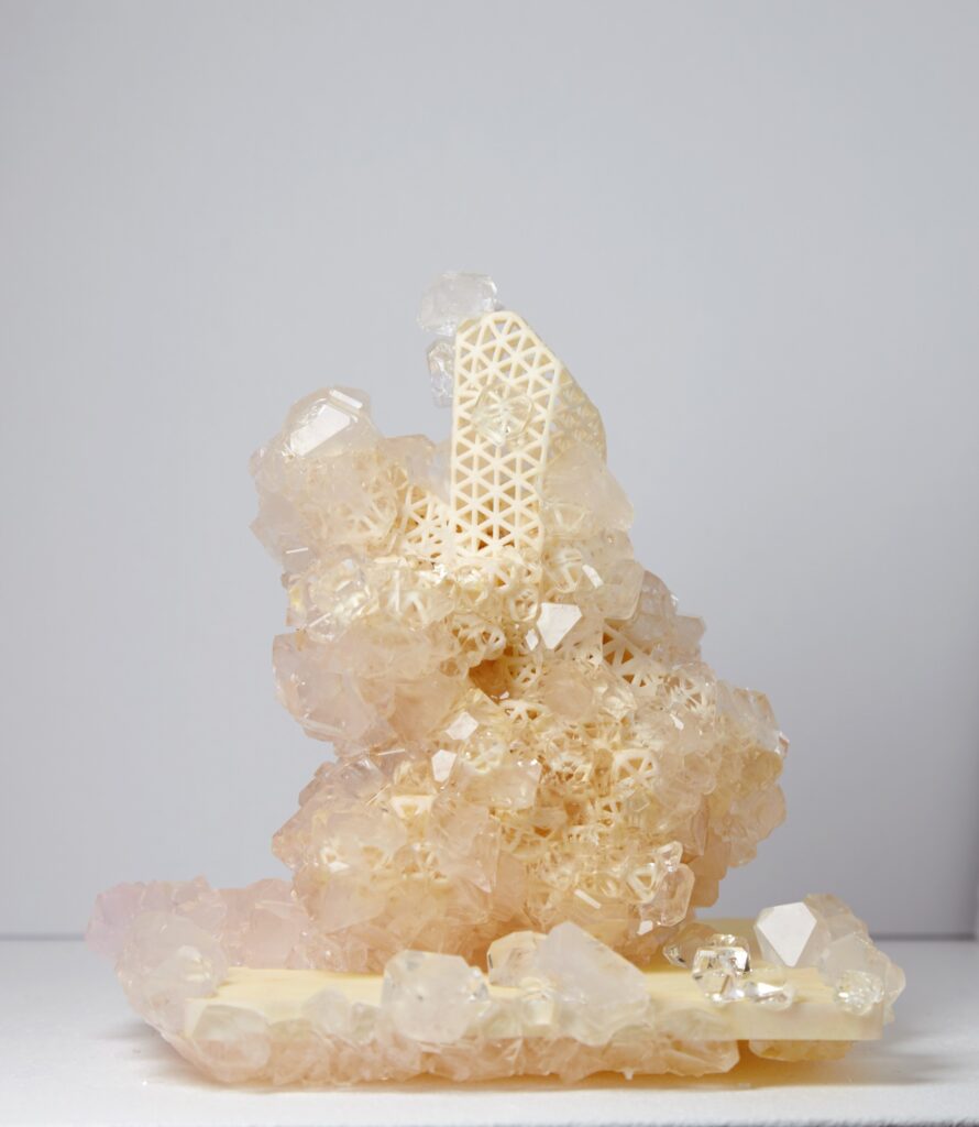Mathias Kessler, Model for Future City’s, 2019. 3D-printed honeycomb structure with crystal growth (growing architecture), ca. 14 × 12 cm (varying dimensions). Unique.