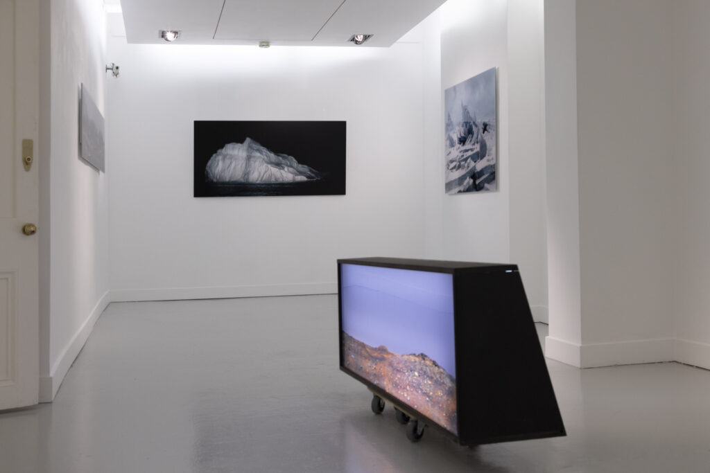 Mathias Kessler, Mars. Calypso Crater, 2011 (light box), with Ilulissat 010 (left), Ilulissat 011_3 (centre) and Das Eismeer – Die gescheiterte Hoffnung, 2013 (right), installation view, Austrian Cultural Forum London, 2022.