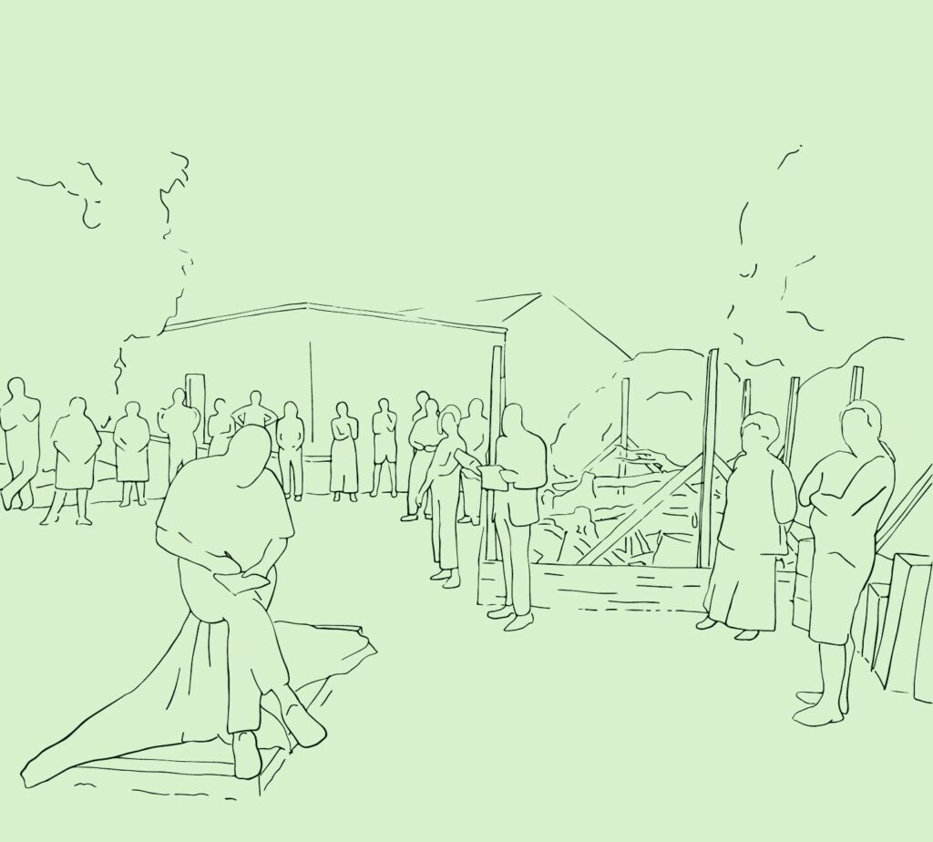 Line drawing of visitors at the opening