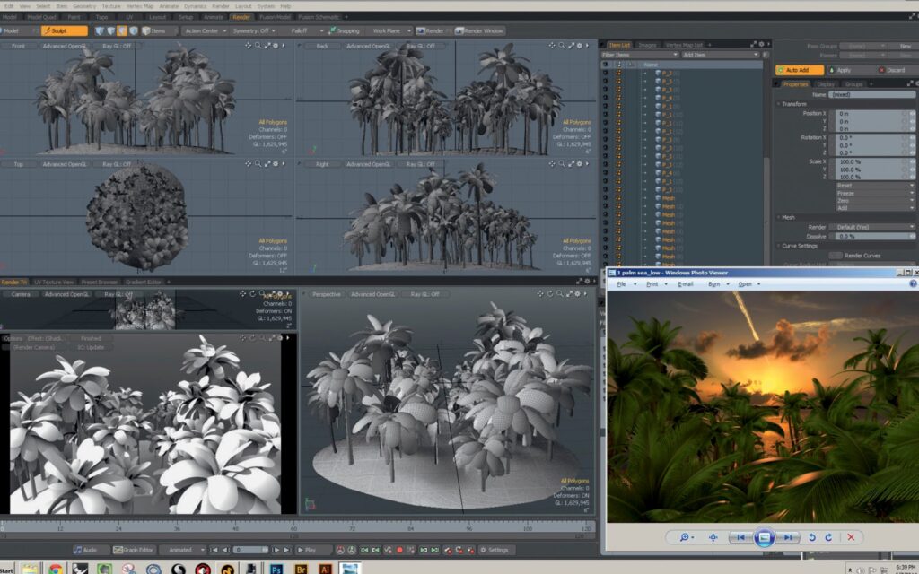 Sunset in Simulacrum, studio: Wenye Fang’s 3D rendering of a palm grove, which became a 3D-printed model and a photo-realistic image, New York, 2014.