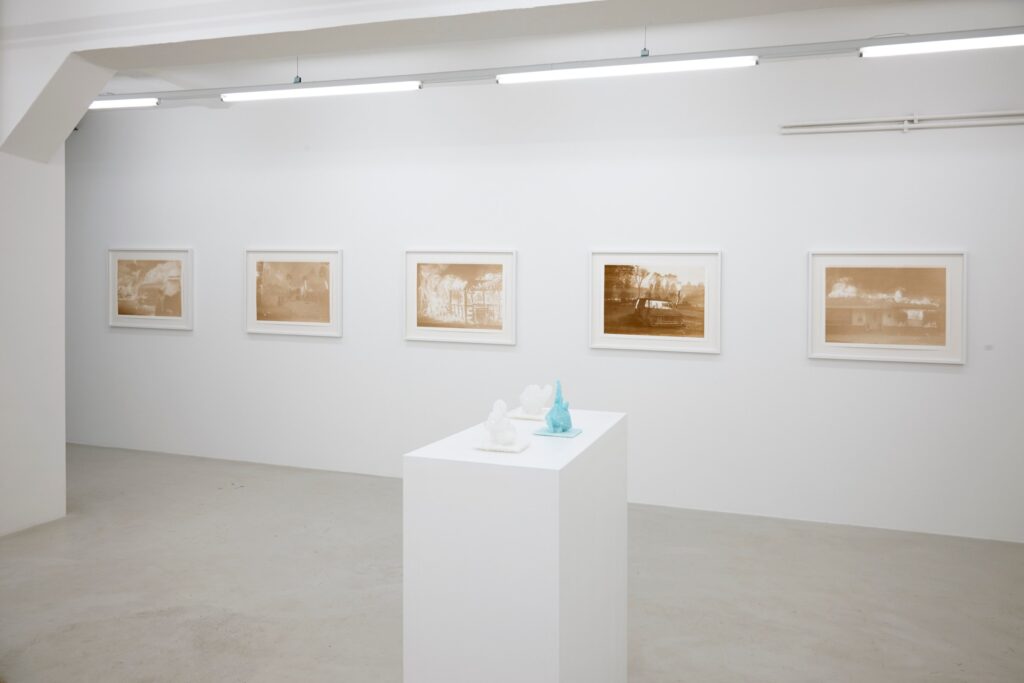 Disasters of Climate Change (laser-burned prints), installation view, Forever and Sunsmell, Galerie Heike Strelow, Frankfurt, 2019